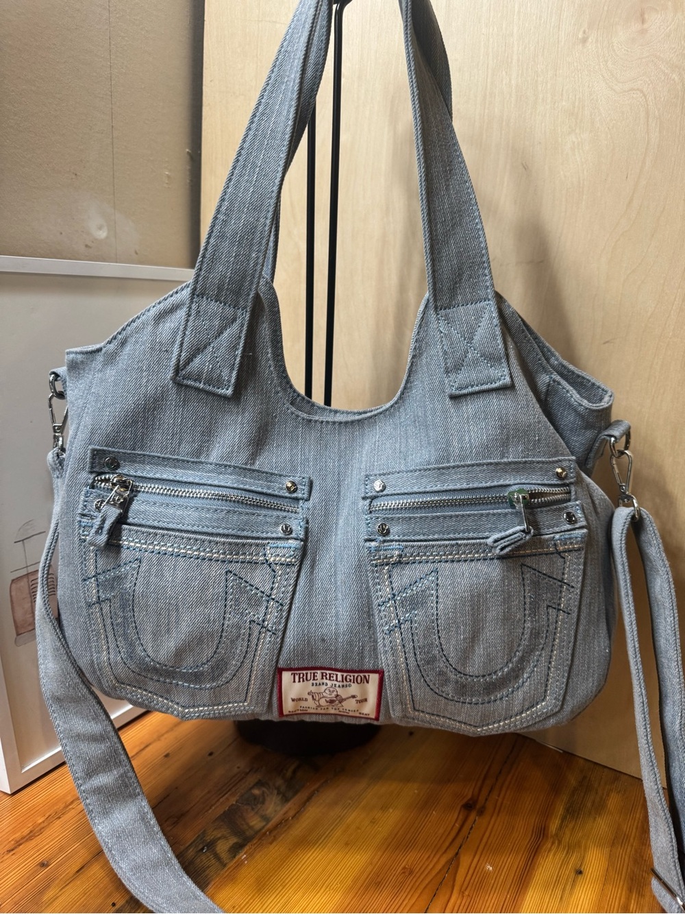 True Religion Light Denim Shoulder Bag with Front Zip Pockets